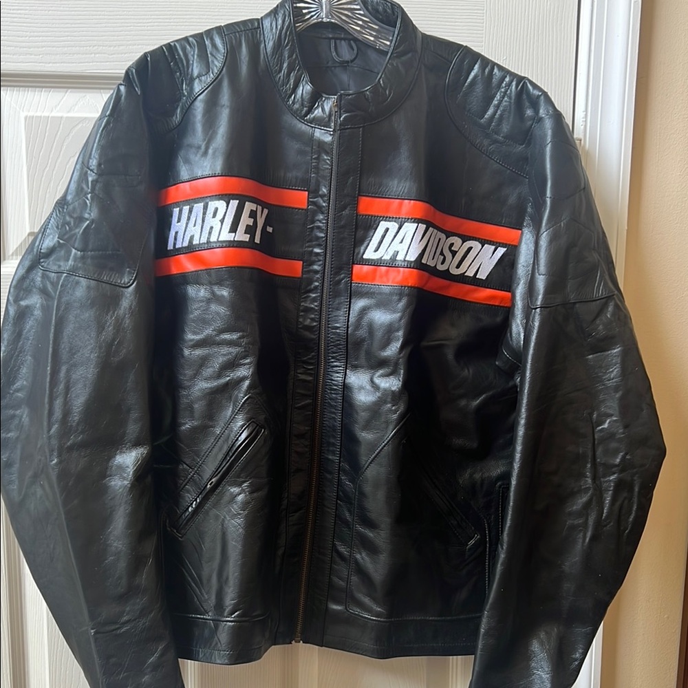 Harley-Davidson Black and Orange Genuine Leather Bomber Jacket